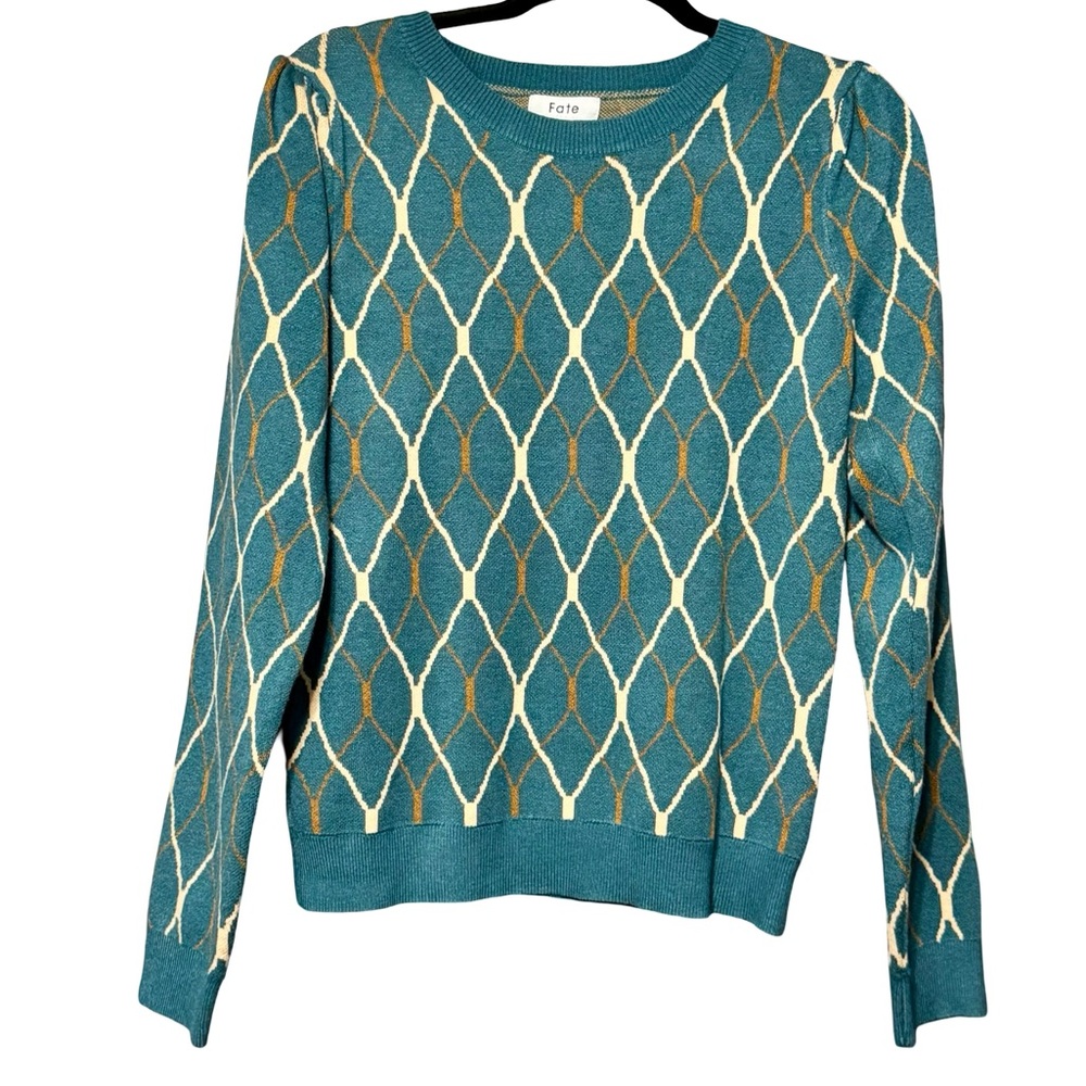 Fate The Label Blue Puff Long Sleeve Chain Cable Print Sweater size medium